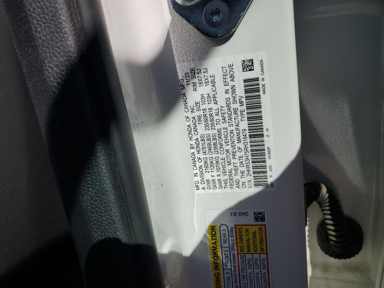 2024 HONDA CR-V EXL VIN:2HKRS3H75RH316479