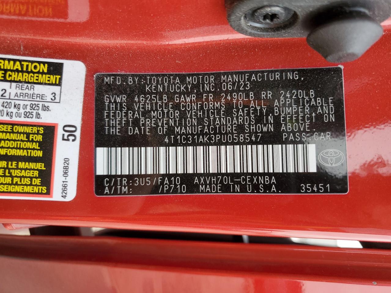 2023 TOYOTA CAMRY LE VIN:4T1C31AK3PU058547