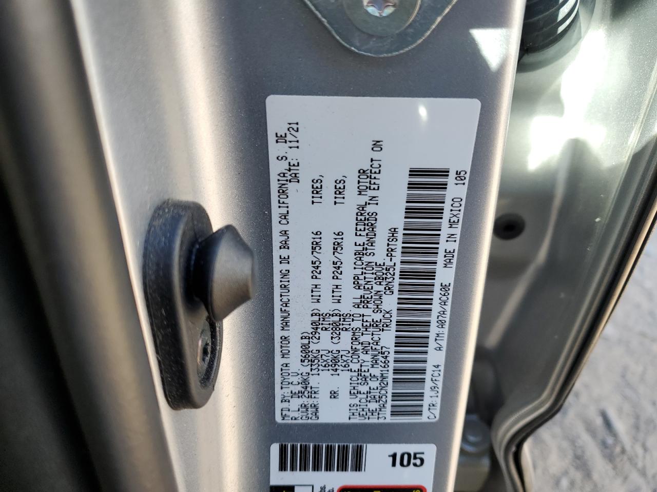 2022 TOYOTA TACOMA DOUBLE CAB VIN:3TMAZ5CN2NM166457