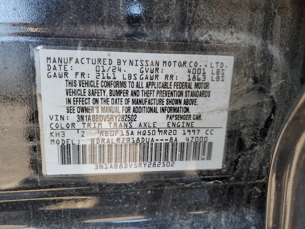 2024 NISSAN SENTRA SR VIN:3N1AB8DV5RY282502