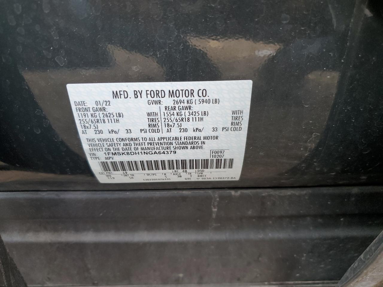 2022 FORD EXPLORER XLT VIN:1FMSK8DH1NGA64379