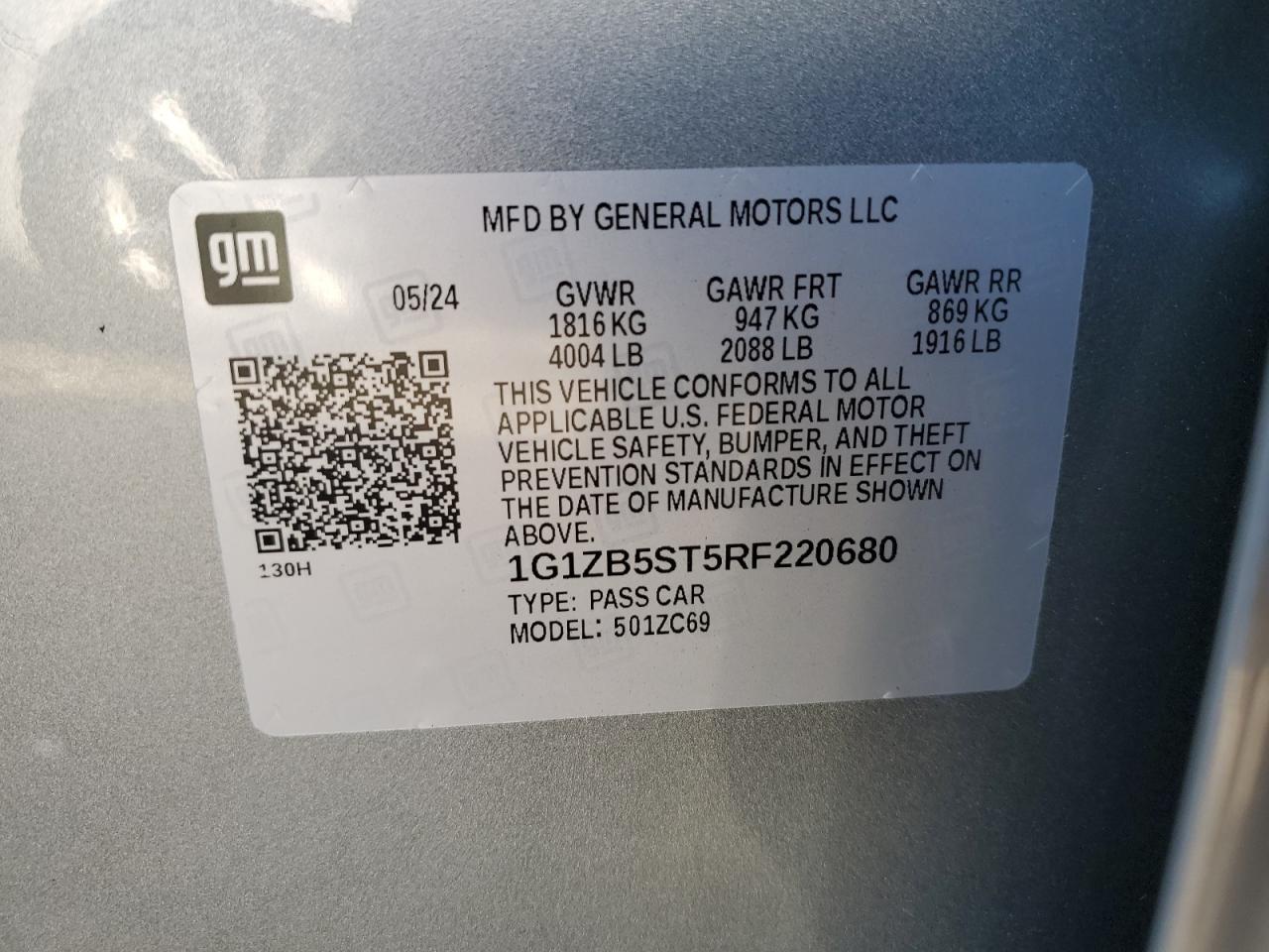 2024 CHEVROLET MALIBU LS VIN:1G1ZB5ST5RF220680