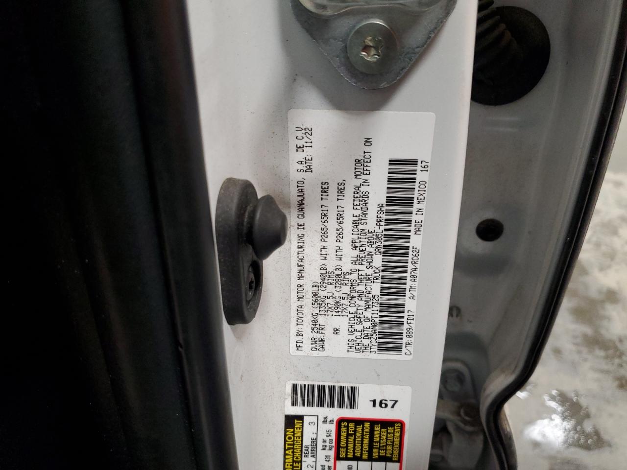 2023 TOYOTA TACOMA DOUBLE CAB VIN:3TYCZ5AN0PT117325