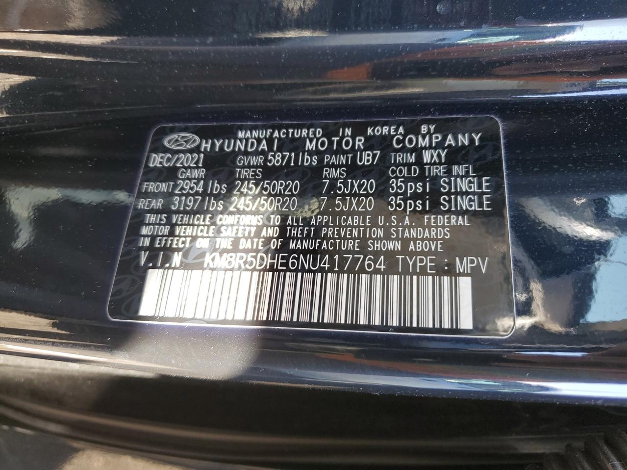 2022 HYUNDAI PALISADE LIMITED VIN:KM8R5DHE6NU417764