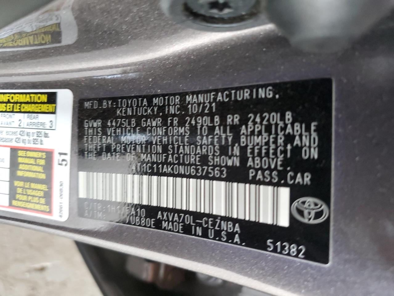 2022 TOYOTA CAMRY LE VIN:4T1C11AK0NU637563