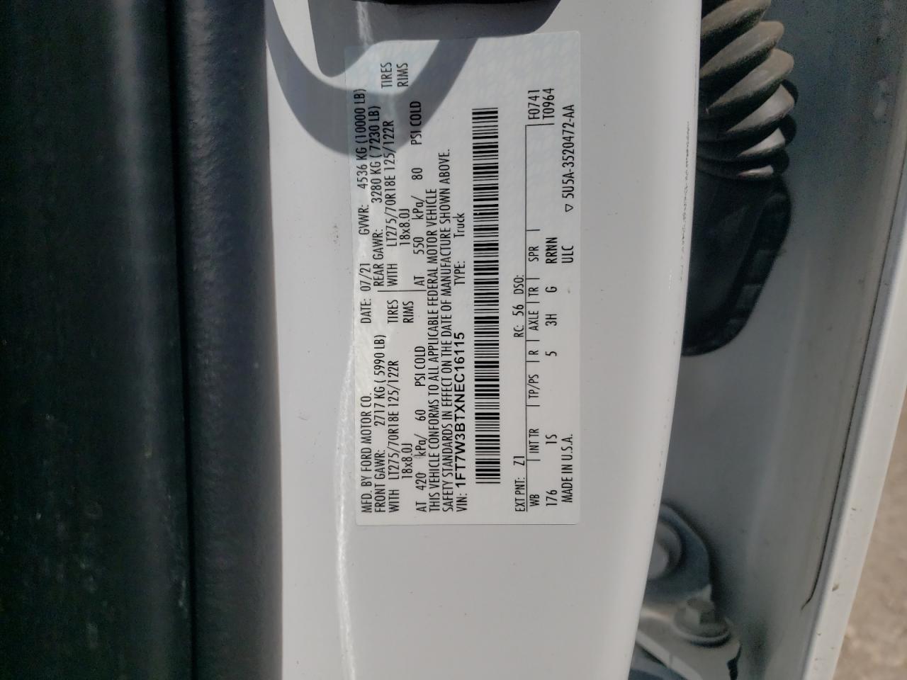 2022 FORD F350 SUPER DUTY VIN:1FT7W3BTXNEC16115