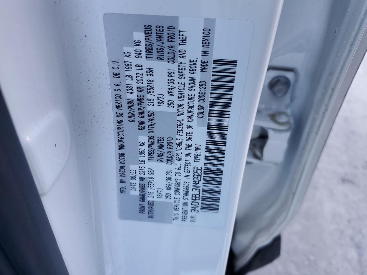 2022 MAZDA CX-30 SELECT VIN:3MVDMBBL3NM429256