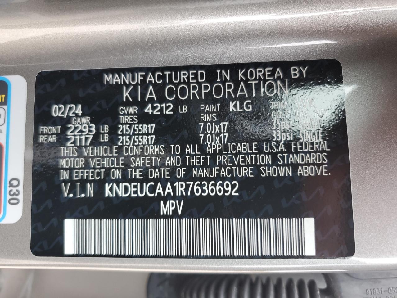 2024 KIA SELTOS S VIN:KNDEUCAA1R7636692
