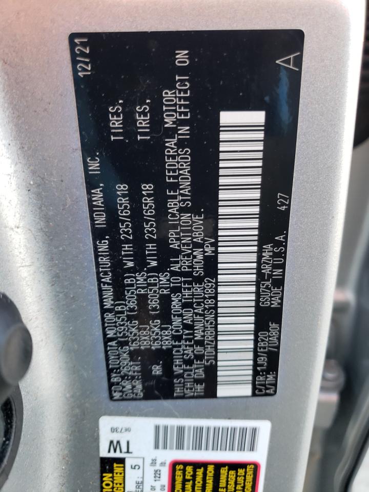 2022 TOYOTA HIGHLANDER XLE VIN:5TDHZRBH5NS181892