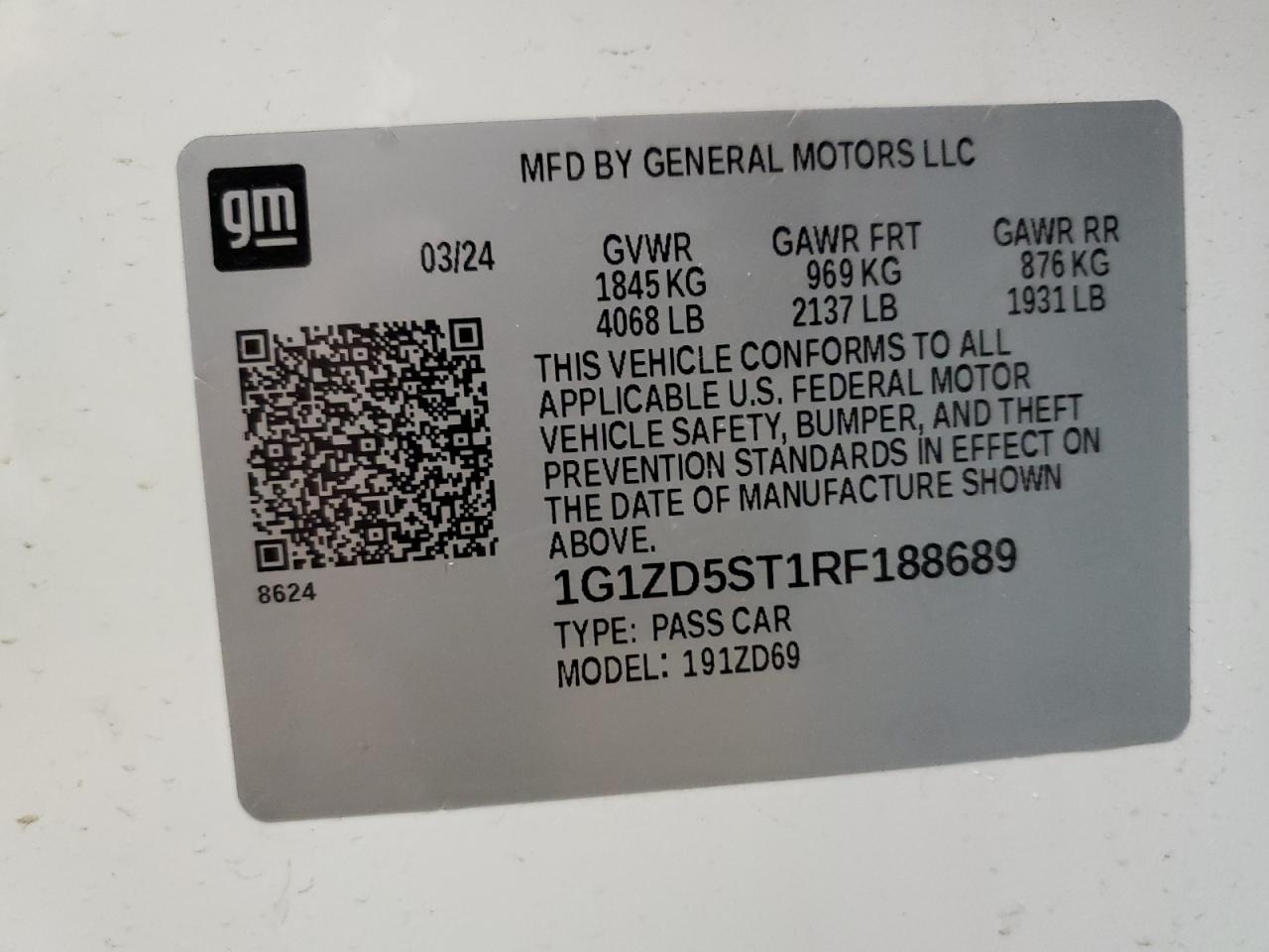 2024 CHEVROLET MALIBU LT VIN:1G1ZD5ST1RF188689