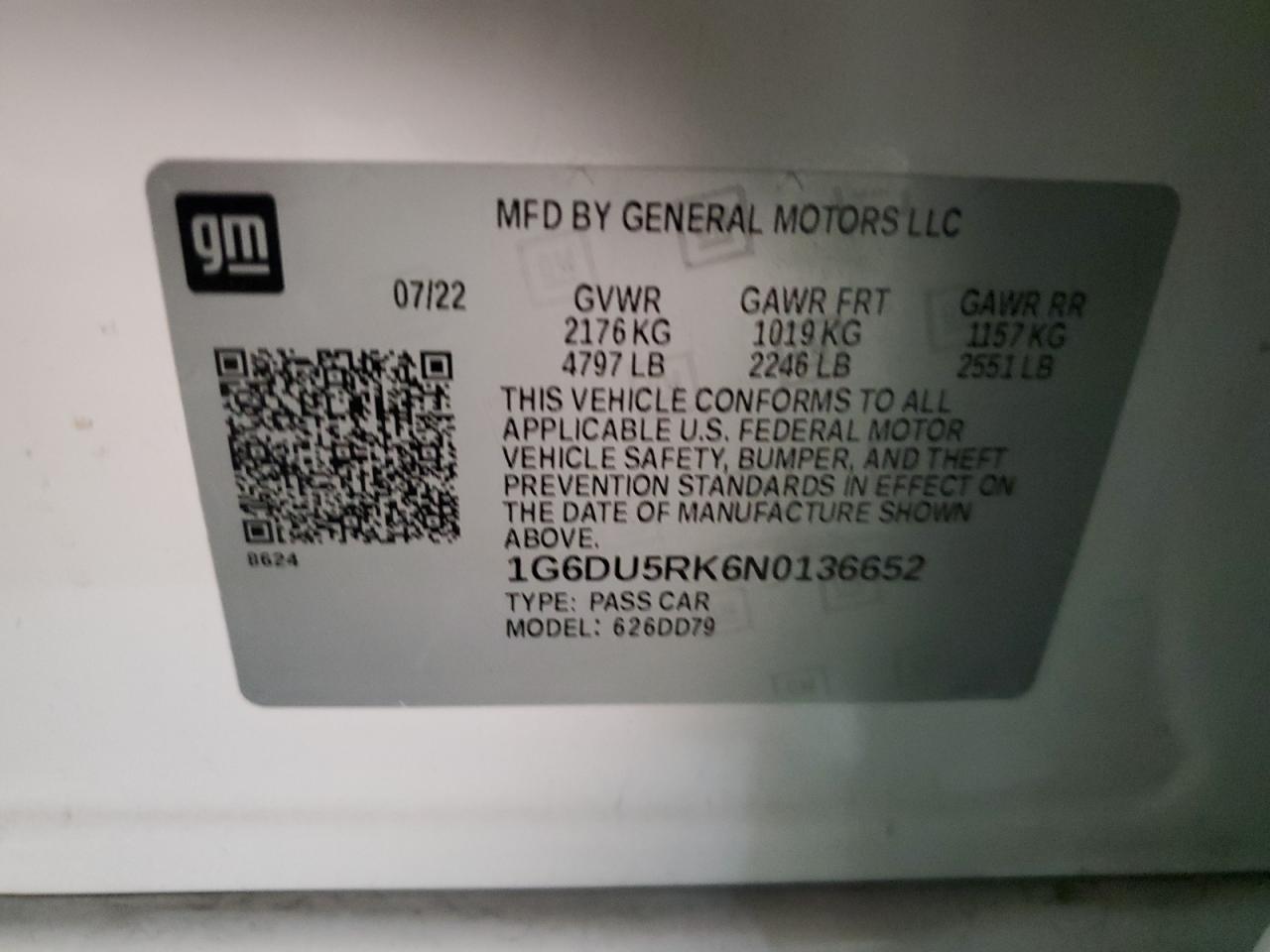 2022 CADILLAC CT5 SPORT VIN:1G6DU5RK6N0136652