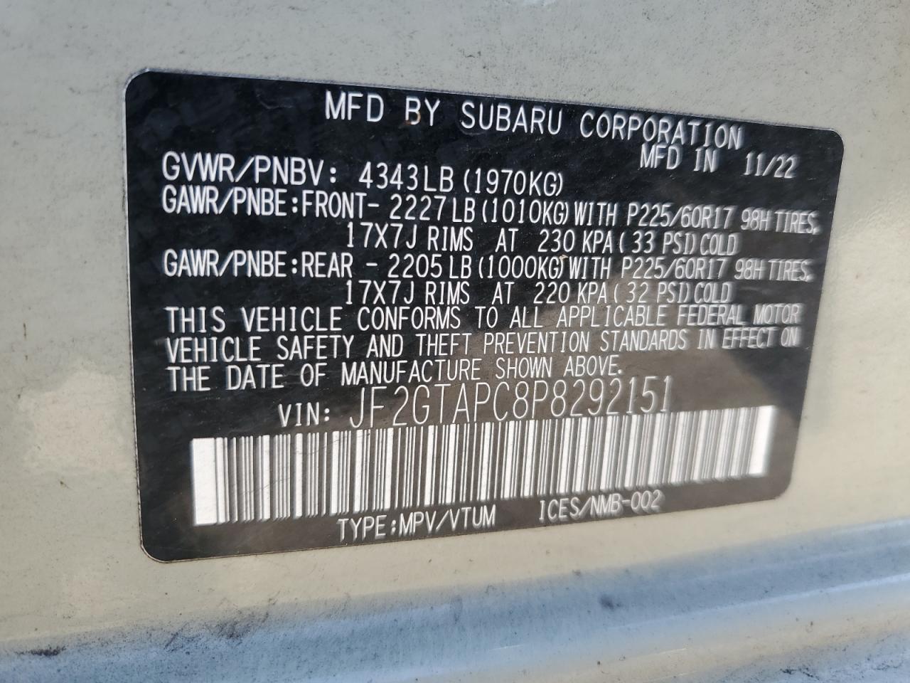 2023 SUBARU CROSSTREK PREMIUM VIN:JF2GTAPC8P8292151