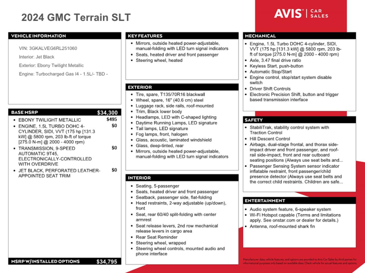 2024 GMC TERRAIN SLT VIN:3GKALVEG6RL251060