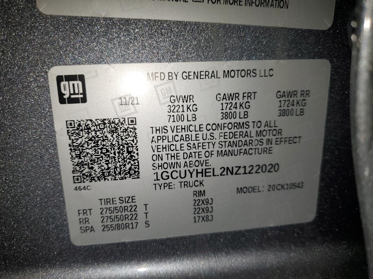 2022 CHEVROLET SILVERADO LTD K1500 HIGH COUNTRY VIN:1GCUYHEL2NZ122020