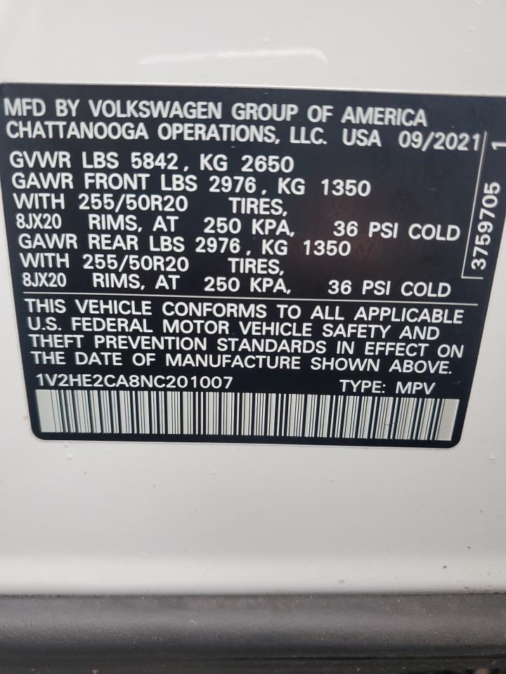 2022 VOLKSWAGEN ATLAS CROSS SPORT SE VIN:1V2HE2CA8NC201007