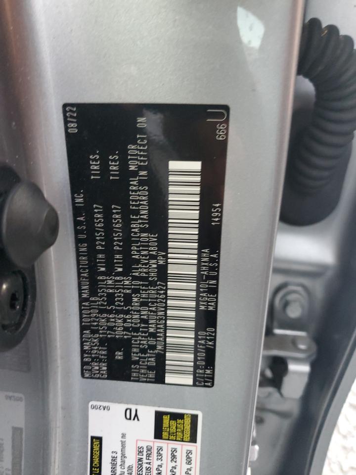 2022 TOYOTA COROLLA CROSS L VIN:7MUAAAAG3NV026427