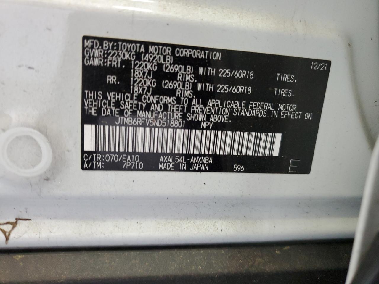 2022 TOYOTA RAV4 XLE PREMIUM VIN:JTMB6RFV5ND518801