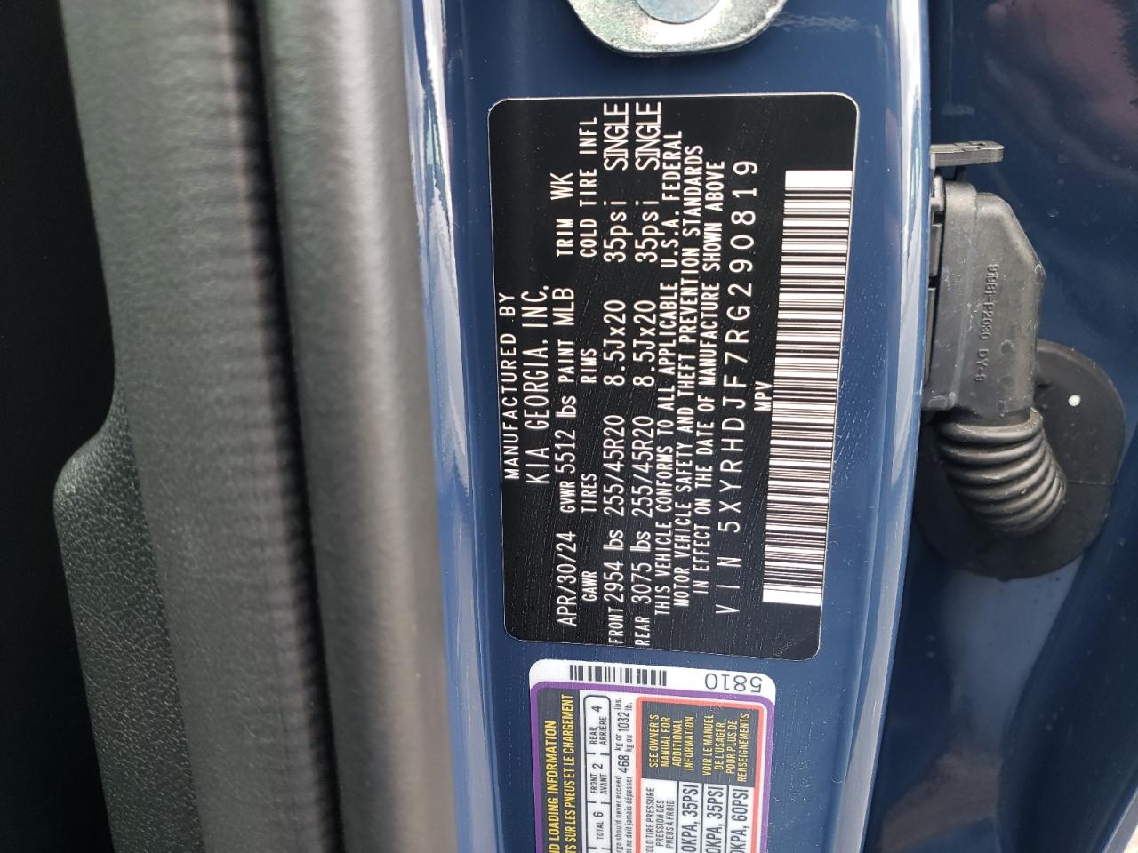 2024 KIA SORENTO EX VIN:5XYRHDJF7RG290819