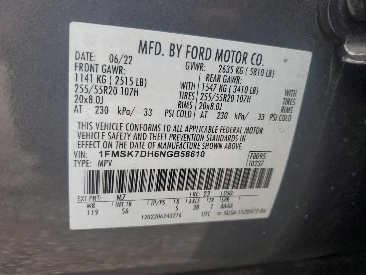 2022 FORD EXPLORER XLT VIN:1FMSK7DH6NGB58610
