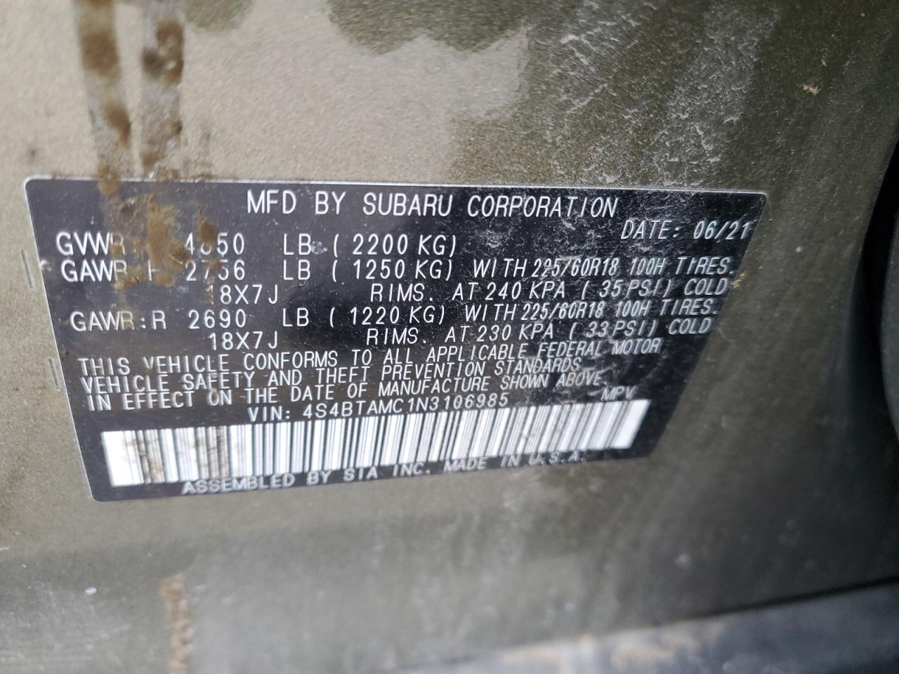 2022 SUBARU OUTBACK LIMITED VIN:4S4BTAMC1N3106985