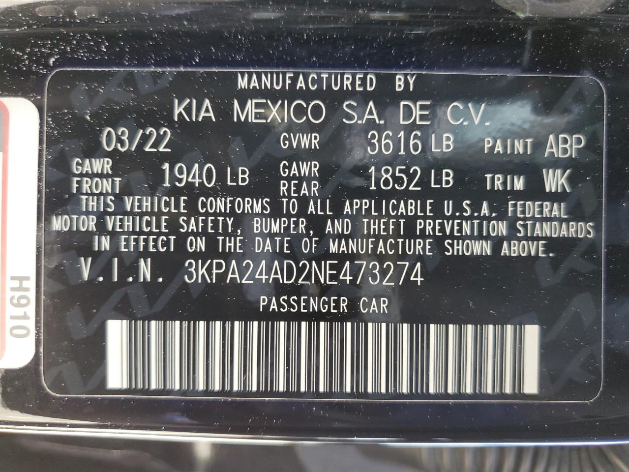 2022 KIA RIO LX VIN:3KPA24AD2NE473274