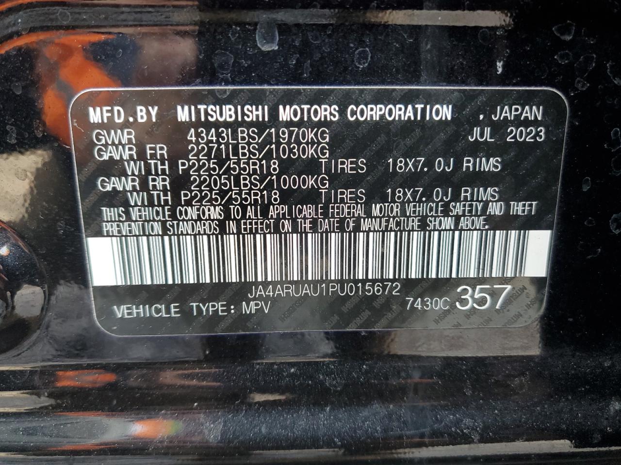 2023 MITSUBISHI OUTLANDER SPORT S/SE VIN:JA4ARUAU1PU015672