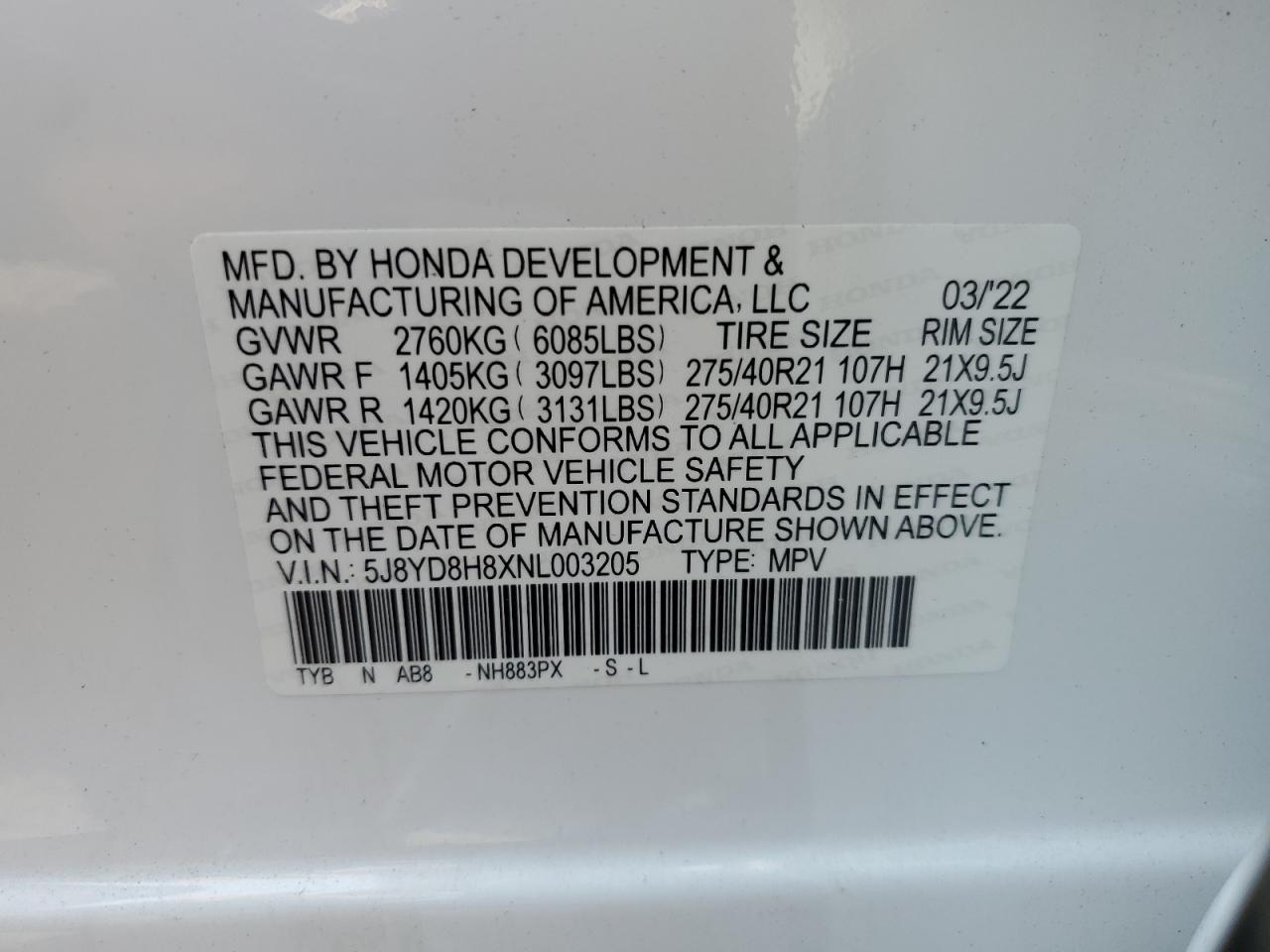 2022 ACURA MDX TYPE S ADVANCE VIN:5J8YD8H8XNL003205