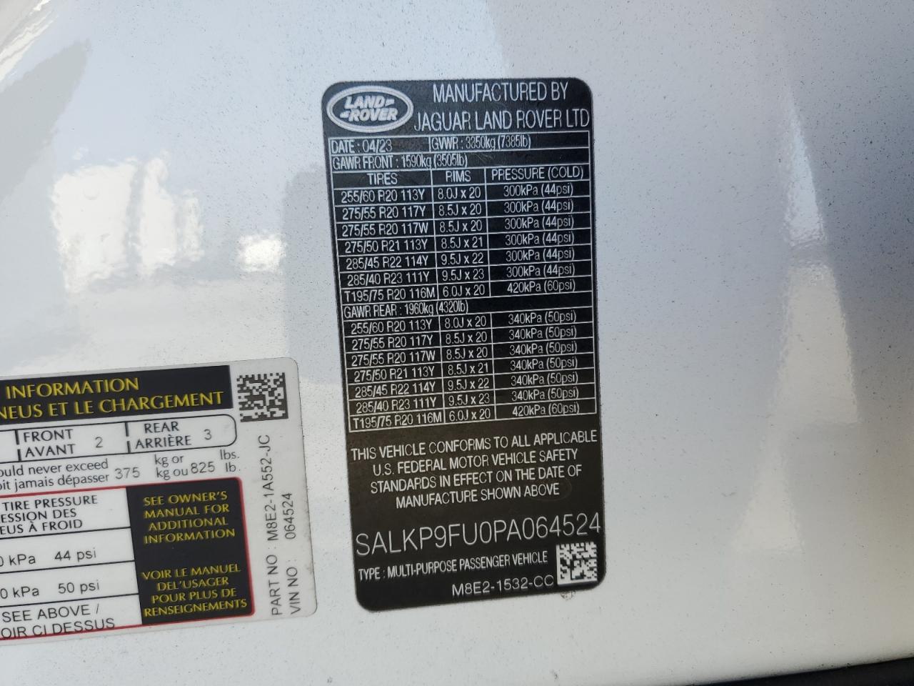 2023 LAND ROVER RANGE ROVER SE VIN:SALKP9FU0PA064524