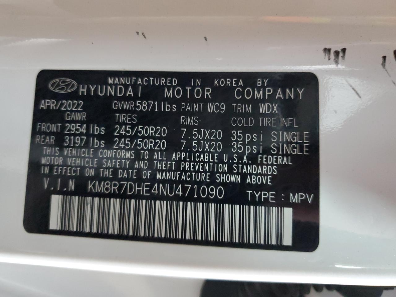 2022 HYUNDAI PALISADE CALLIGRAPHY VIN:KM8R7DHE4NU471090