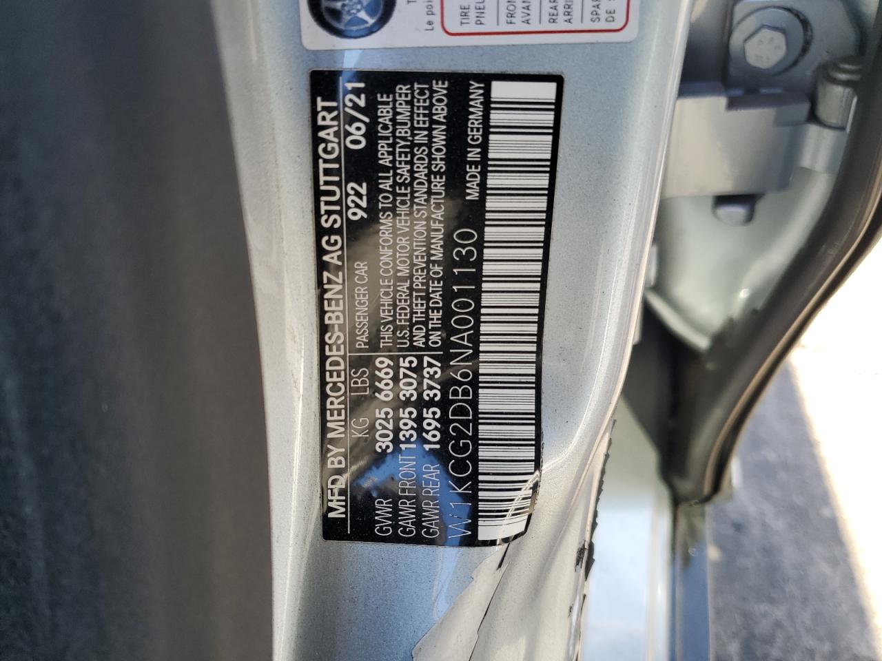 2022 MERCEDES-BENZ EQS SEDAN 450+ VIN:W1KCG2DB6NA001130