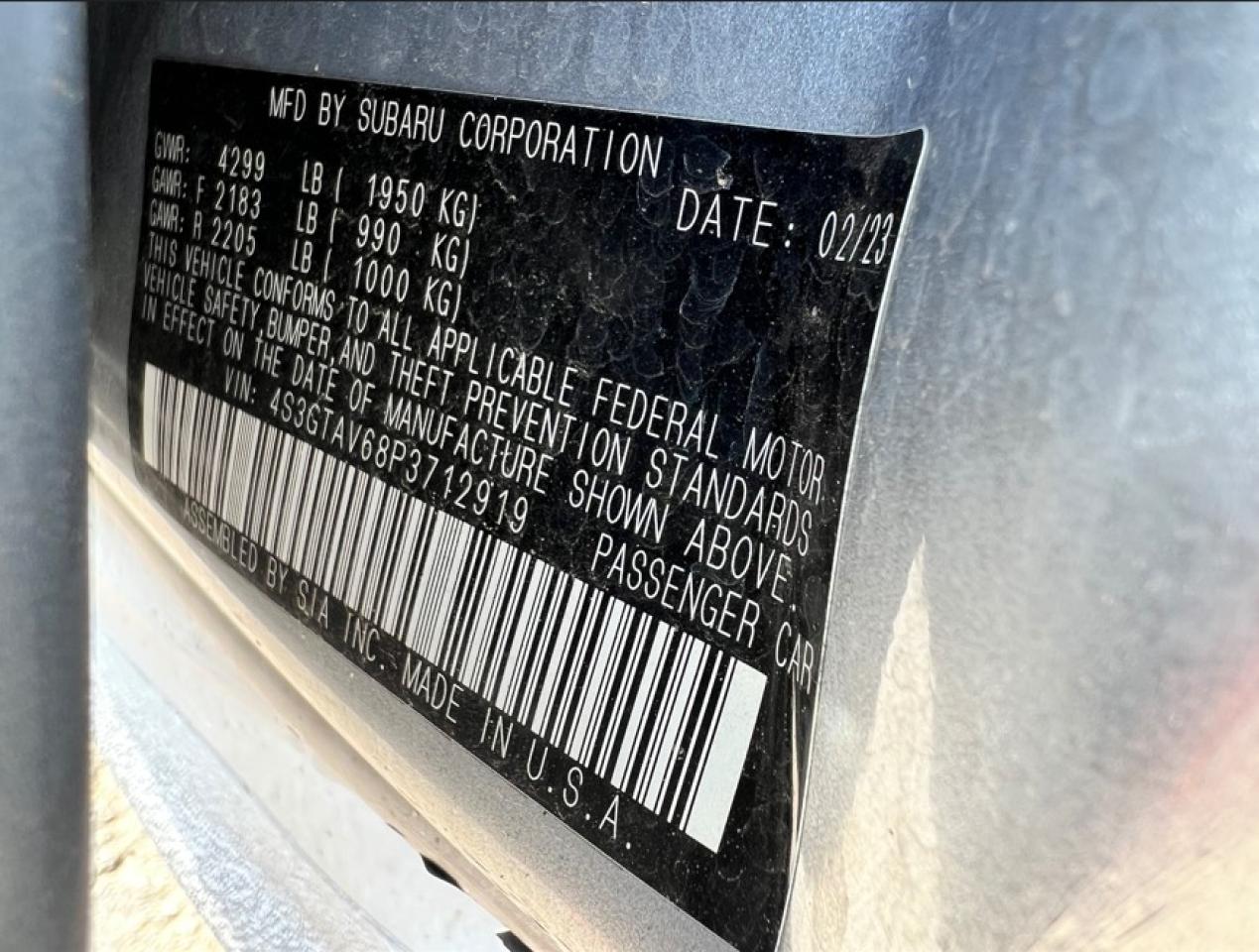 2023 SUBARU IMPREZA PREMIUM VIN:4S3GTAV68P3712919