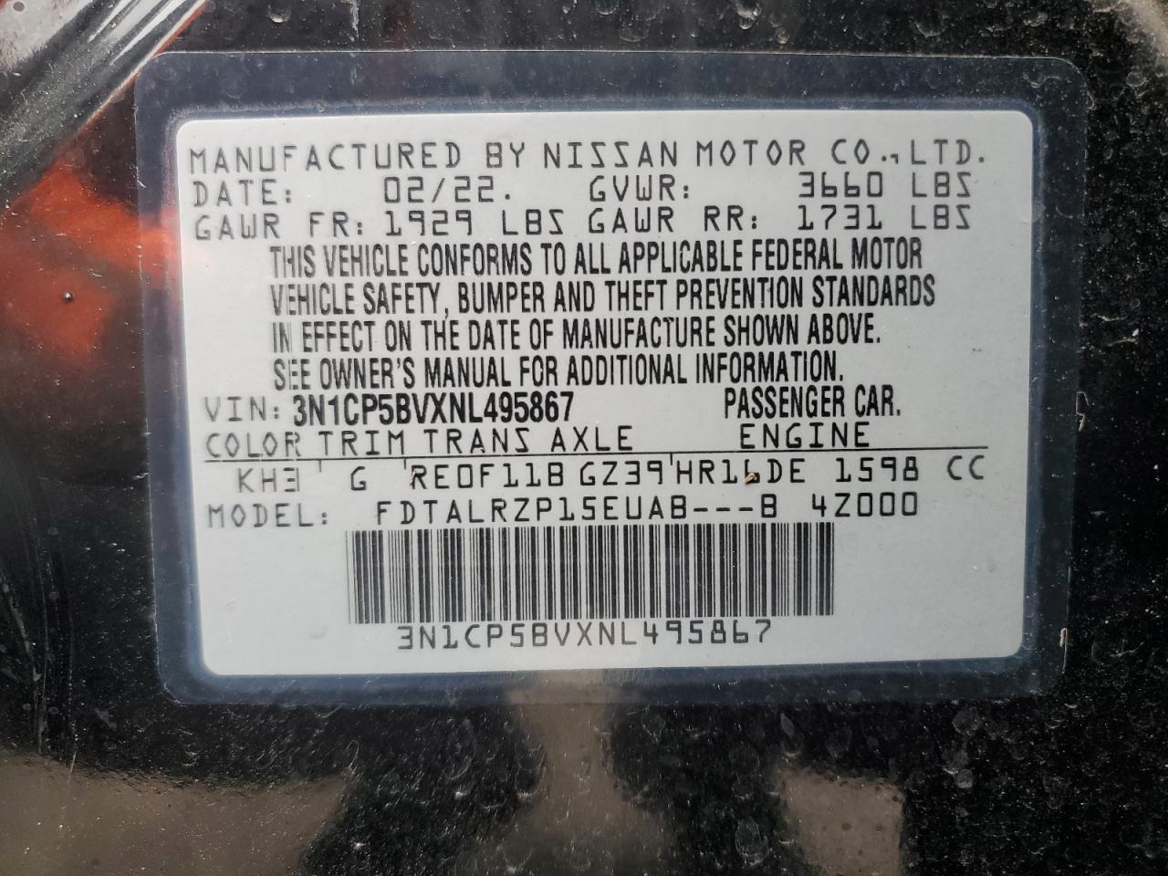 2022 NISSAN KICKS S VIN:3N1CP5BVXNL495867