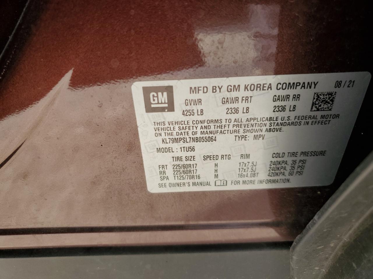 2022 CHEVROLET TRAILBLAZER LT VIN:KL79MPSL7NB055064