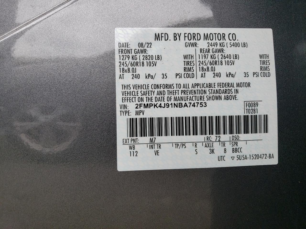 2022 FORD EDGE SEL VIN:2FMPK4J91NBA74753