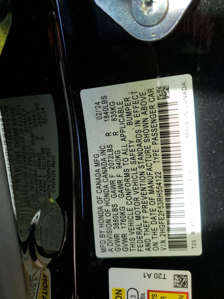 2024 HONDA CIVIC SPORT VIN:2HGFE2F53RH554122