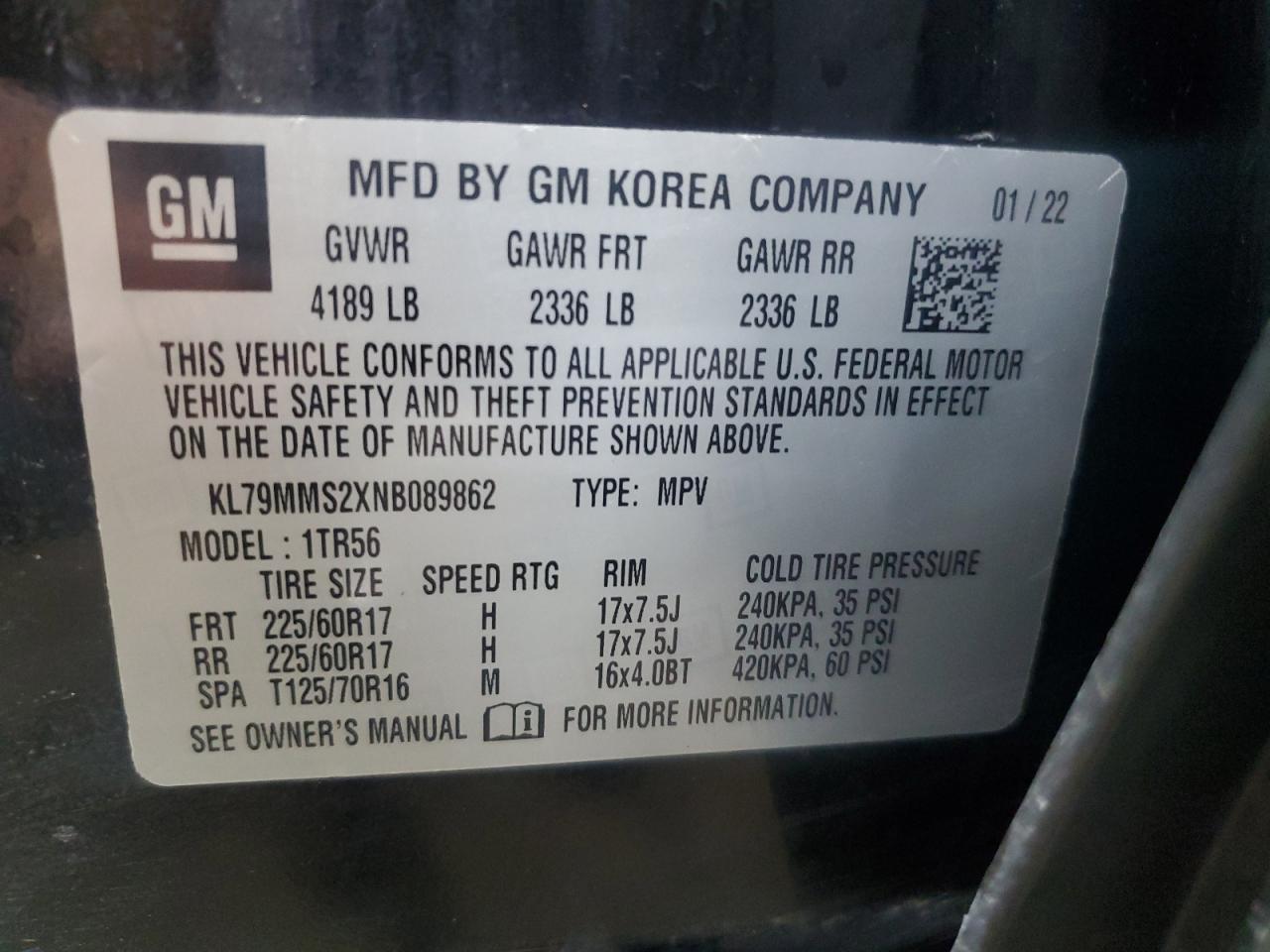 2022 CHEVROLET TRAILBLAZER LS VIN:KL79MMS2XNB089862