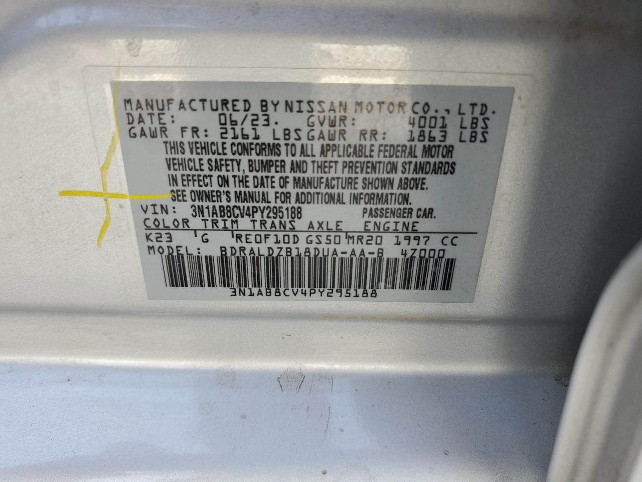 2023 NISSAN SENTRA SV VIN:3N1AB8CV4PY295188