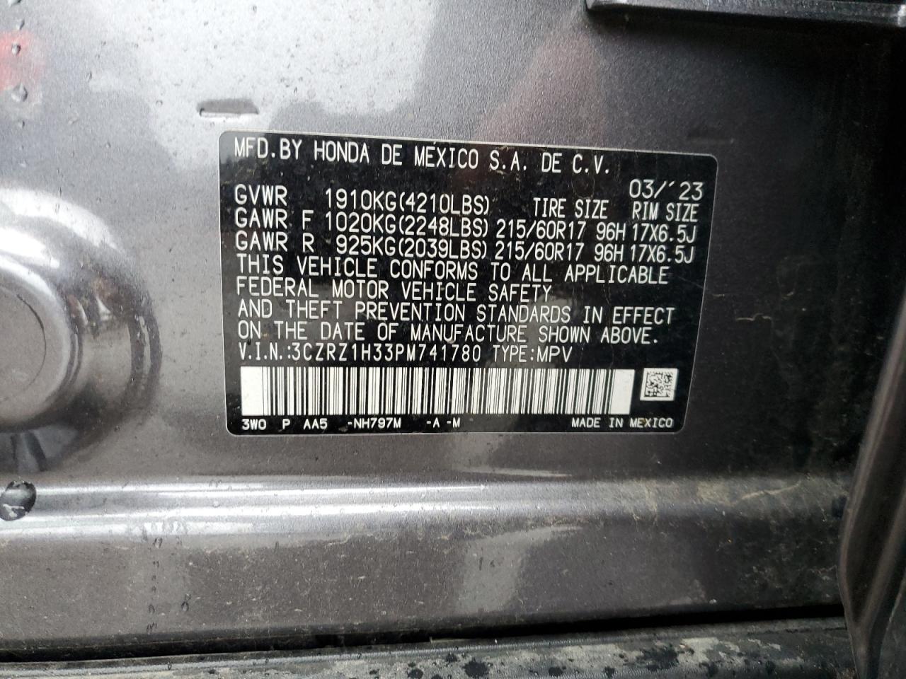 2023 HONDA HR-V LX VIN:3CZRZ1H33PM741780