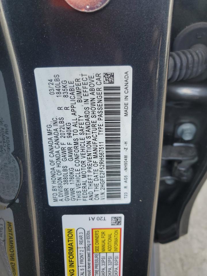 2024 HONDA CIVIC SPORT VIN:2HGFE2F52RH567511