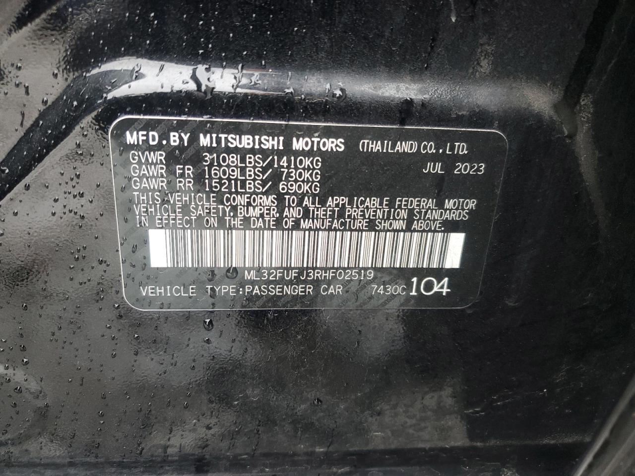 2024 MITSUBISHI MIRAGE G4 ES VIN:ML32FUFJ3RHF02519