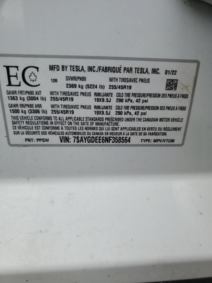 2022 TESLA MODEL Y  VIN:7SAYGDEE6NF358564