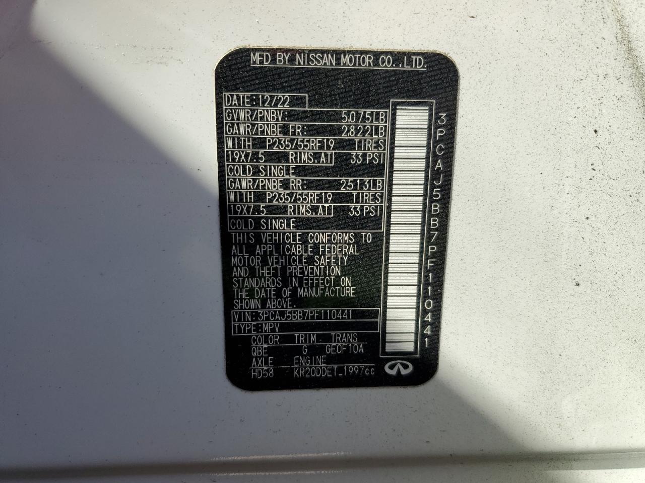 2023 INFINITI QX50 LUXE VIN:3PCAJ5BB7PF110441