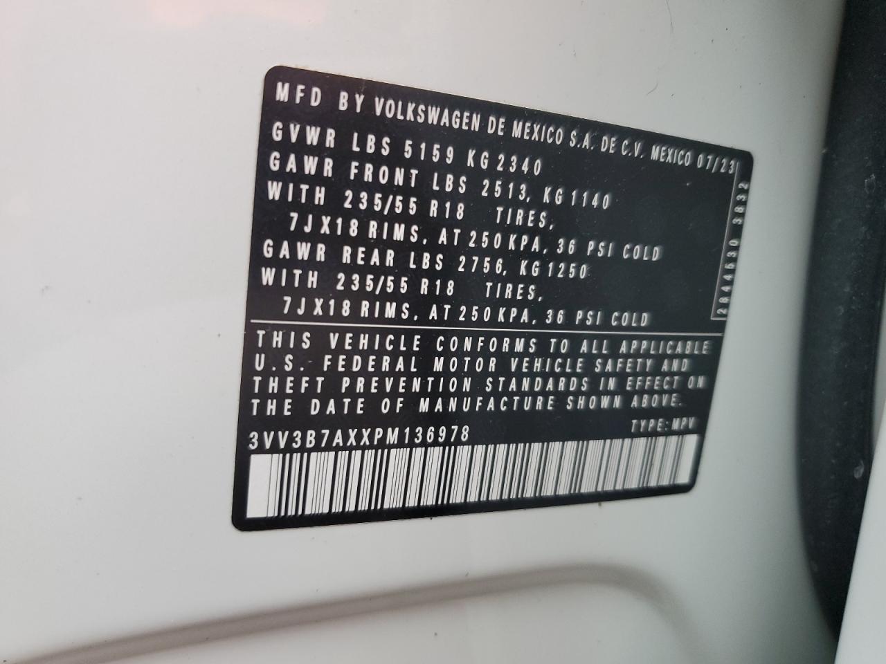 2023 VOLKSWAGEN TIGUAN SE VIN:3VV3B7AXXPM136978