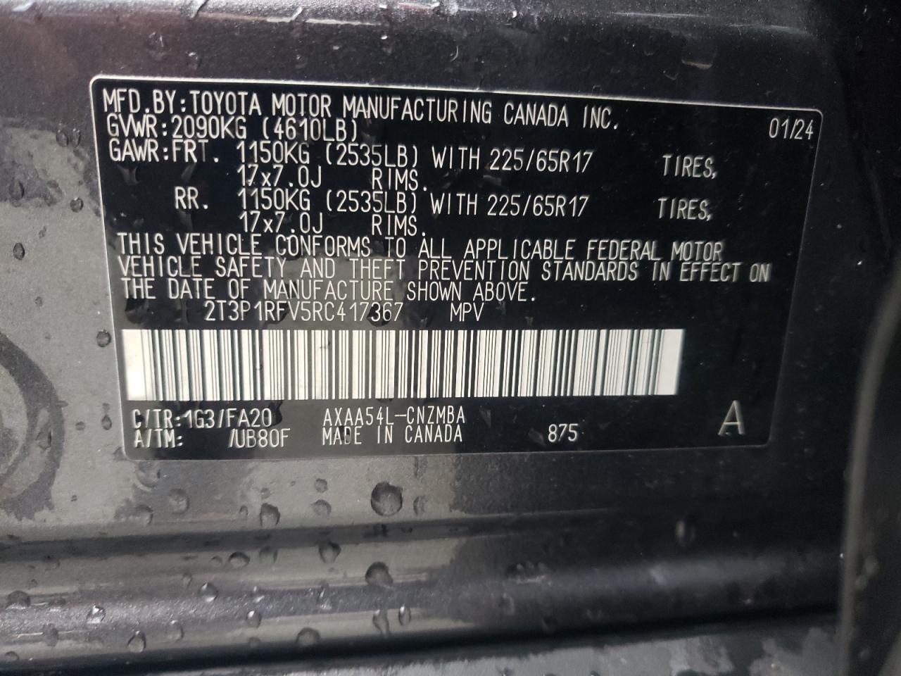 2024 TOYOTA RAV4 XLE VIN:2T3P1RFV5RC417367