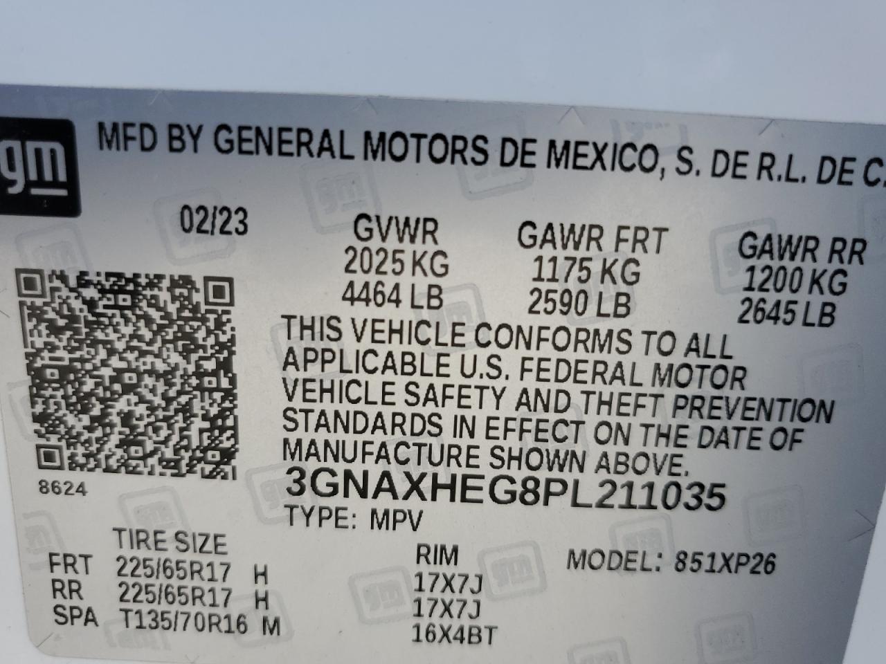 2023 CHEVROLET EQUINOX LS VIN:3GNAXHEG8PL211035
