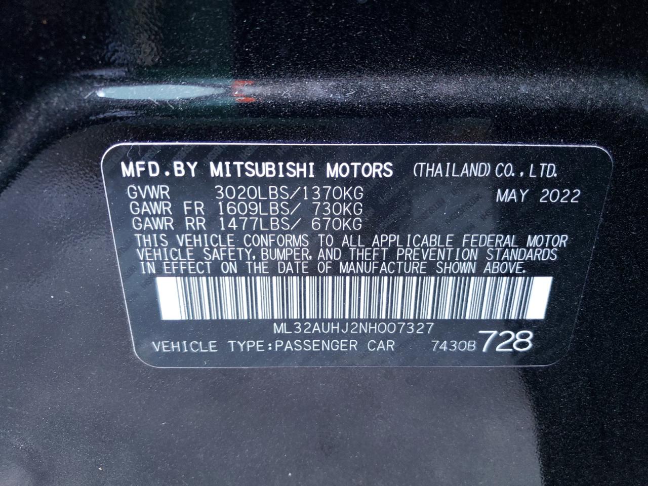 2022 MITSUBISHI MIRAGE ES VIN:ML32AUHJ2NH007327