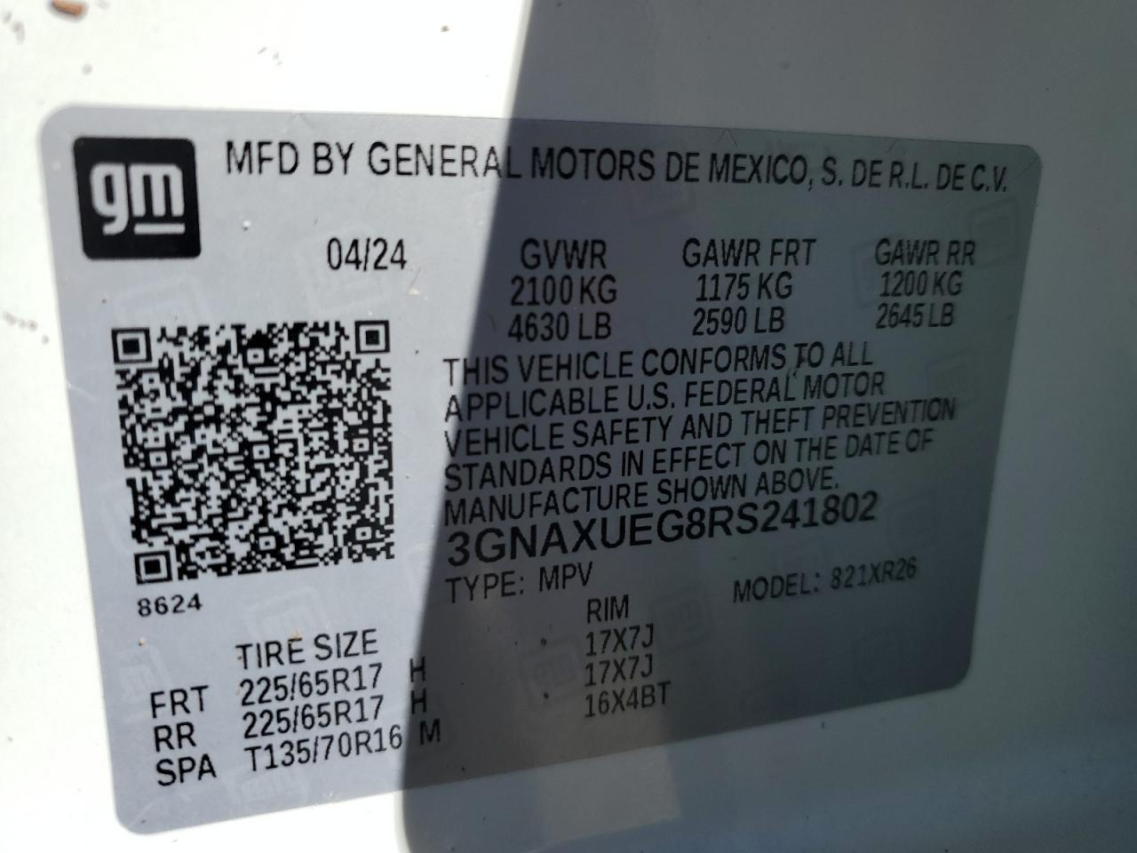 2024 CHEVROLET EQUINOX LT VIN:3GNAXUEG8RS241802