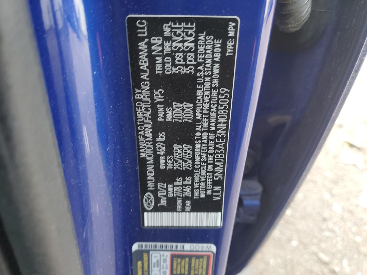 2022 HYUNDAI TUCSON SEL VIN:5NMJB3AE3NH085059