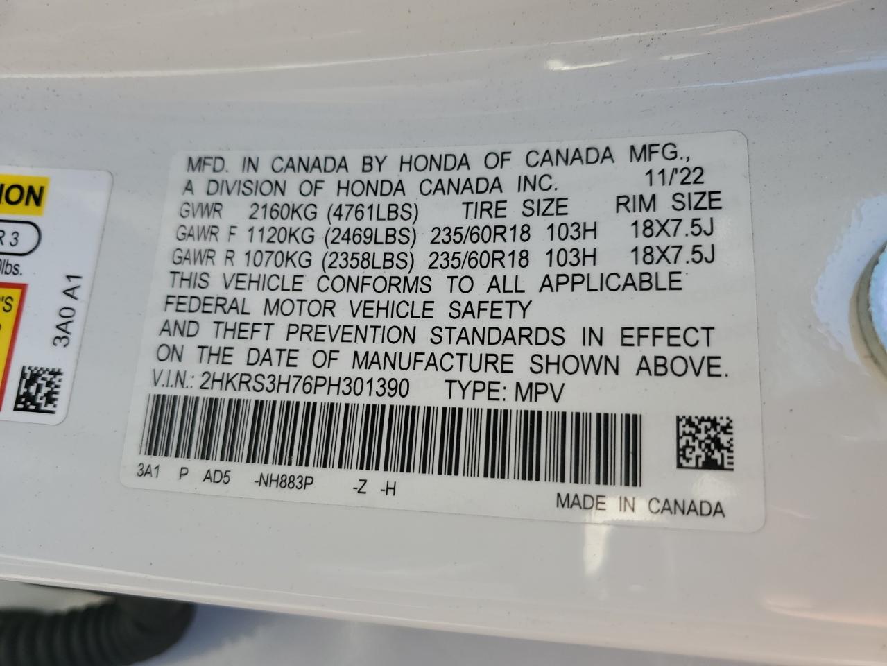 2023 HONDA CR-V EXL VIN:2HKRS3H76PH301390