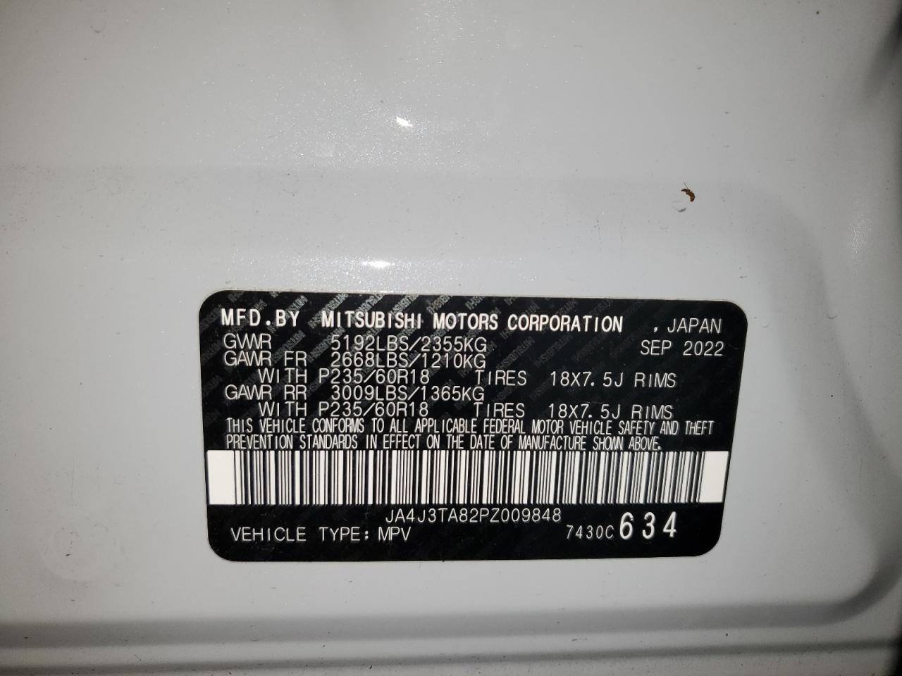 2023 MITSUBISHI OUTLANDER ES VIN:JA4J3TA82PZ009848